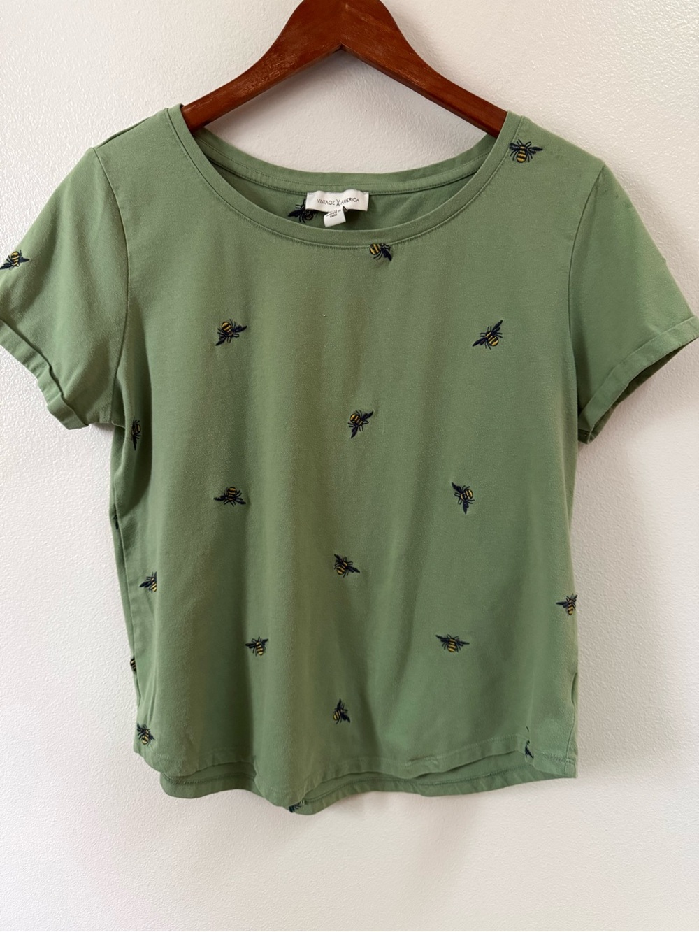 Vintage America Olive Green Short Sleeve Tee with Bee Embroidery